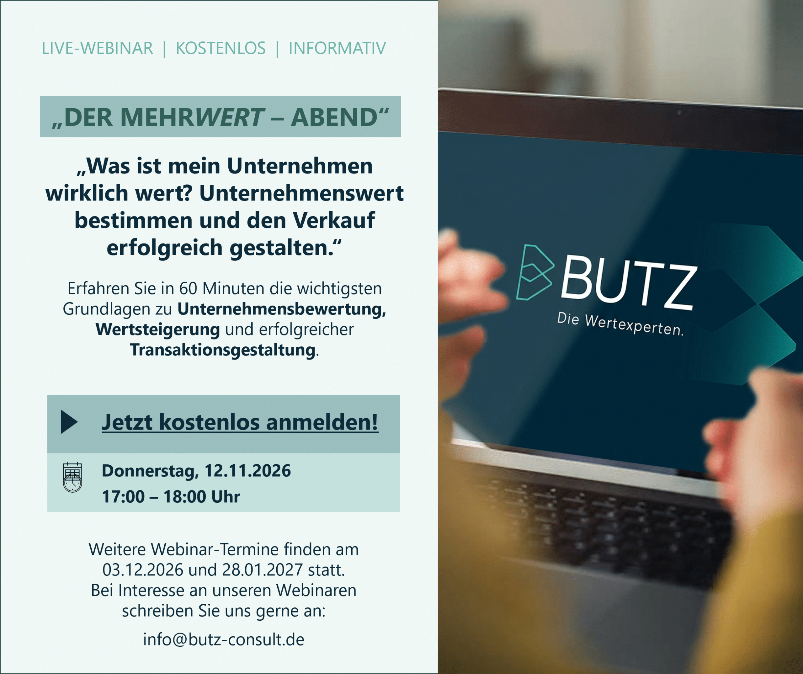 Webinar Unternehmenswert Unternehmensverkauf Butz Wertexperten